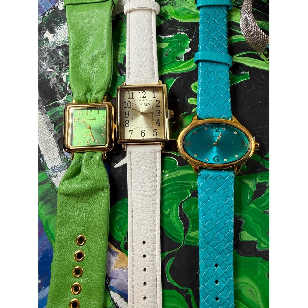 Joan Rivers Gossip Womens Watch Lot 4pc Green Teal White Gold Silver Mesh Cuff